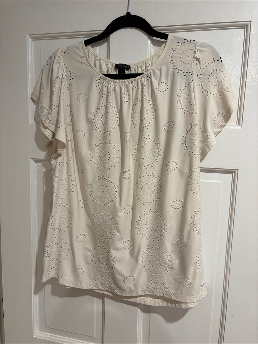 Anne Klein Ivory Eyelet Flutter Short Sleeve Top